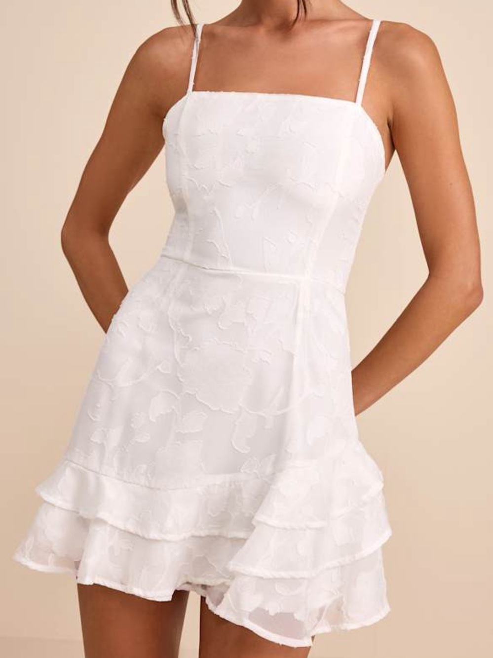 LULU’S Days with You White Floral Burnout Ruffled Mini Dress